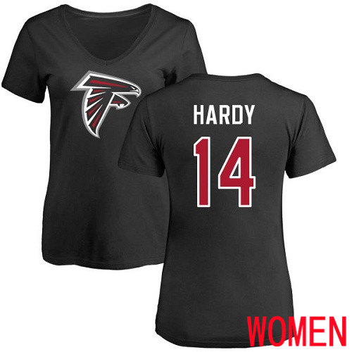Atlanta Falcons Black Women Justin Hardy Name And Number Logo NFL Football #14 T Shirt->women nfl jersey->Women Jersey